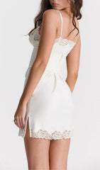 Chic Ivory Satin Slip Dress with Detachable Corset & Lace Trim