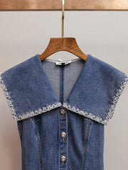 Havika Women's Embellished Sailor Collar Denim Mini Dress with Pleated Skirt