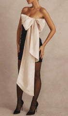 Glamorous Black & Ivory Strapless Mini Dress with Dramatic Bow Detail