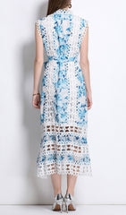 Errin Chic Blue Floral Lace Hollow Out Midi Dress