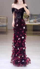 Edlina Enchanting Off-Shoulder Sequin Maxi Gown with 3D Floral Appliques