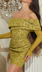 Golden Turmeric Off-Shoulder Floral Mini Dress with Elegant Mesh Sleeves