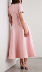 Chic Pink Bow & Crystal Embellished Midi Dress