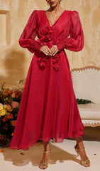 Tristen Elegant Red 3D Floral V-Neck Midi Dress with Sheer Sleeves