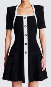 Gudrun Chic Black & White Square Neck Knit Mini Dress with Gold Button Accents