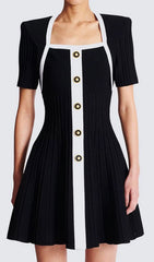 Gudrun Chic Black & White Square Neck Knit Mini Dress with Gold Button Accents