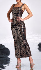 Chaz Dazzling Black & Gold Sequin Strappy Maxi Dress