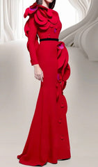 Dilan Red Floral Embellished Long Sleeve Maxi Gown