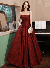 Wine Red Floral Satin Long Party Dress