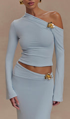 Elmarie Sky Blue One-Shoulder Crop Top & Draped Maxi Skirt Set