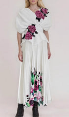 Fran White Floral Appliqu & Pleated Maxi Dress