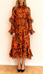 Chic Orange Leopard Ruffle Midi Dress