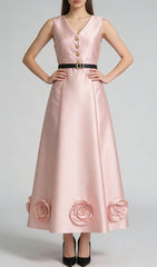 Jalisa Elegant Blush Pink Sleeveless Midi Dress with 3D Rose Hem