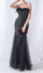 Choire Black Sequin Feather Mermaid Maxi Dress