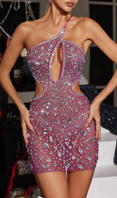 Hanne Dazzling Pink Rhinestone Backless Mesh Mini Dress