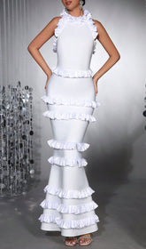Haina White Halter Ruffle Bandage Maxi Dress