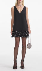 Chic Black Crepe Mini Dress with Sparkling 3D Sequin Hem