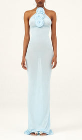 Elegant Sky Blue Floral Halter Maxi Gown