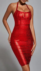 Stunning Red Metallic Halter Bandage Bodycon Mini Dress