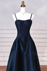 Simple Navy Blue Satin Straps Long Prom Dress