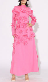 Bly Vibrant Pink 3D Floral Appliqu Long Sleeve Maxi Dress