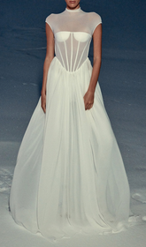 Gabija Ethereal White Boned Corset Maxi Gown with Sheer Mesh