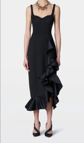 Glamorous Black Ruffle Midi Dress with Bustier Bodice