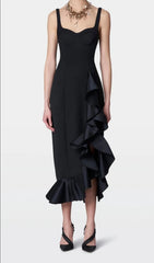 Glamorous Black Ruffle Midi Dress with Bustier Bodice