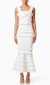 Duana Chic White Floral Ruffle Tiered Midi Dress