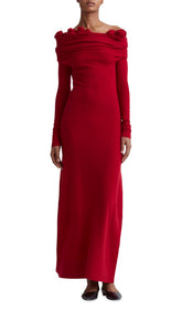 Burrell Red Off-Shoulder Maxi Dress with Elegant Ruched Flower Neckline