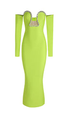 Dazzling Lime Green Off-Shoulder Embellished Evening Gown