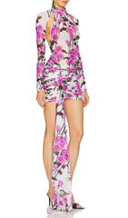 Brisa Rose Floral Ruched Mini Dress with Chic Cutouts & Dramatic Drape