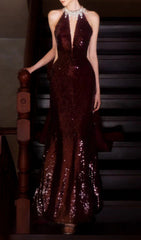 Inocencia Wine Red Sequin Halter Maxi Gown with Statement Bow