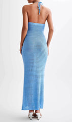 Azure Bloom Halter Crochet Maxi Dress with 3D Flowers