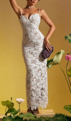 Avihu Elegant White Floral Lace Maxi Dress