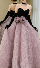 Elanie Strapless Velvet & Rose Formal Maxi Gown