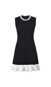 Chic Black Mini Dress with Pearl Collar & Ruffle Hem