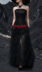 Jainna Black Sequin & Red Feather Strapless Mesh Maxi Gown