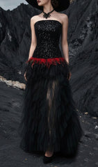 Jainna Black Sequin & Red Feather Strapless Mesh Maxi Gown