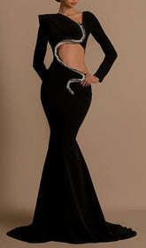 Dazzling Black Velvet Mermaid Gown with Crystal Serpent Cut-Out