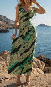 Jaffer Women's Green & Teal Abstract Print Cowl Neck Maxi Dress