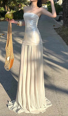 Fola Sparkling Strapless Sequin & Pleated Sheer Maxi Dress