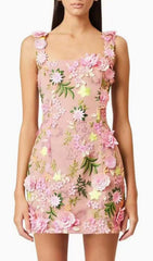 Fyodor Blush Bloom Floral Embroidery Strappy Mini Dress