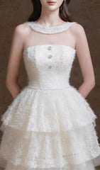 Elfreda White Tiered Lace Midi Dress with Illusion Neckline