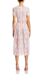 Elegant Pink Lace Embellished Fit-and-Flare Midi Dress