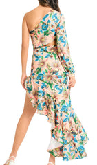 Javen Tropical Floral One-Shoulder Cutout High-Low Dress
