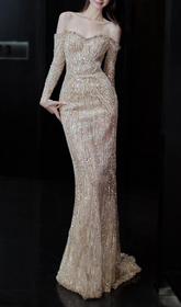 Garbo Dazzling Off-Shoulder Sequin Long Sleeve Maxi Gown