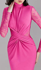 Christa Hot Pink Draped Maxi Gown with Sheer Lace Sleeves