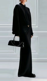 Haimi Elegant Black Long Sleeve Maxi Dress with V-Detail Draped Waist