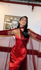 Show-Stopping Red Strapless Bustier Maxi Gown with Draped Scarf & Gloves